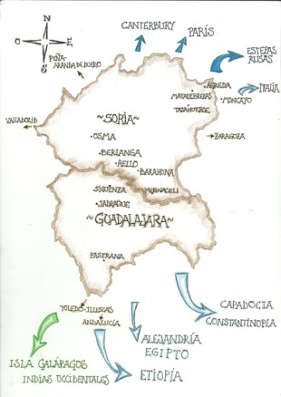 Mapa con la rutas de la novela Un pintor de Alejandria
