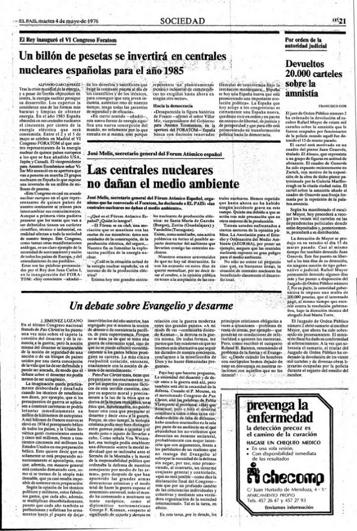(1976): «Un debate sobre Evangelio y desarme», El País, 4-V. P. 21